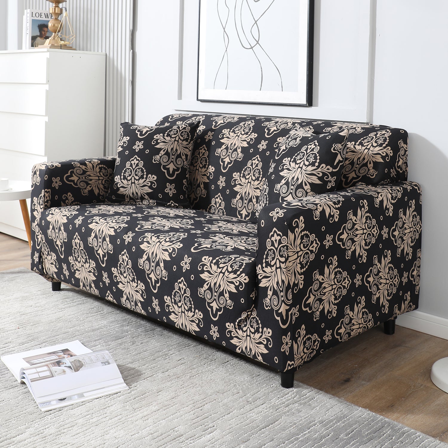 Black Damask Printed stretchable two seater sofa cover