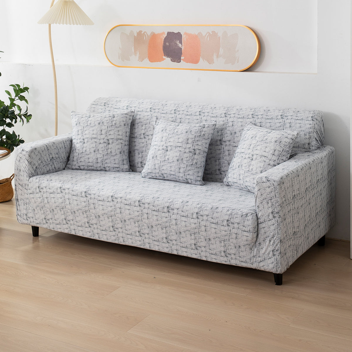 Abstract Grey Lines Printed non slip elastic 3 seater sofa cover