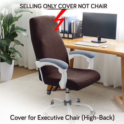Office Chair Cover for Executive Chair (High-Back) – 170 GSM Stretchable Jacquard – Washable & Anti-Slip – Fits Big & Tall Office Chairs, Brown