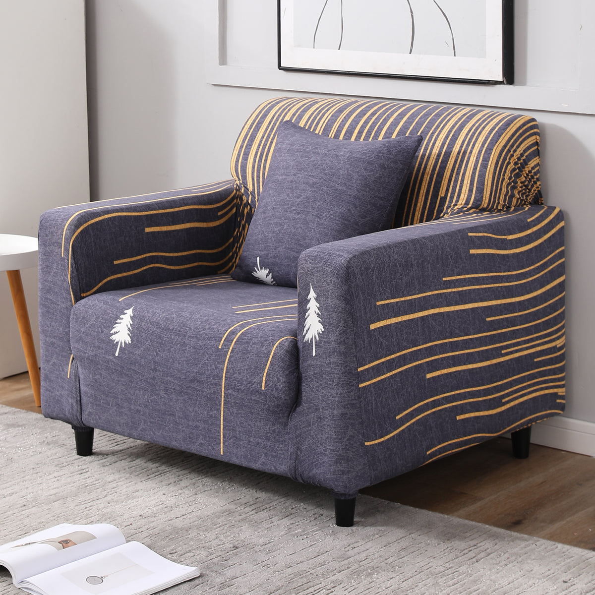 Midnight Blue Lines non slip elastic 1 seater sofa cover​