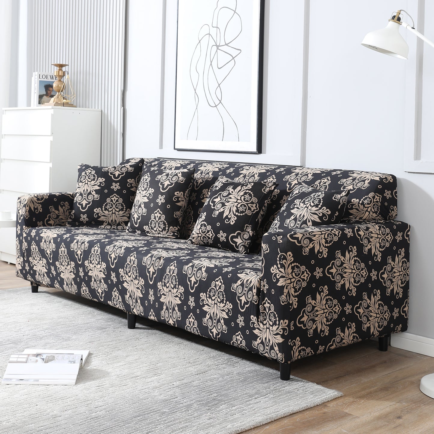 Black Damask Printed, non slip, elastic 4 seater sofa cover​s