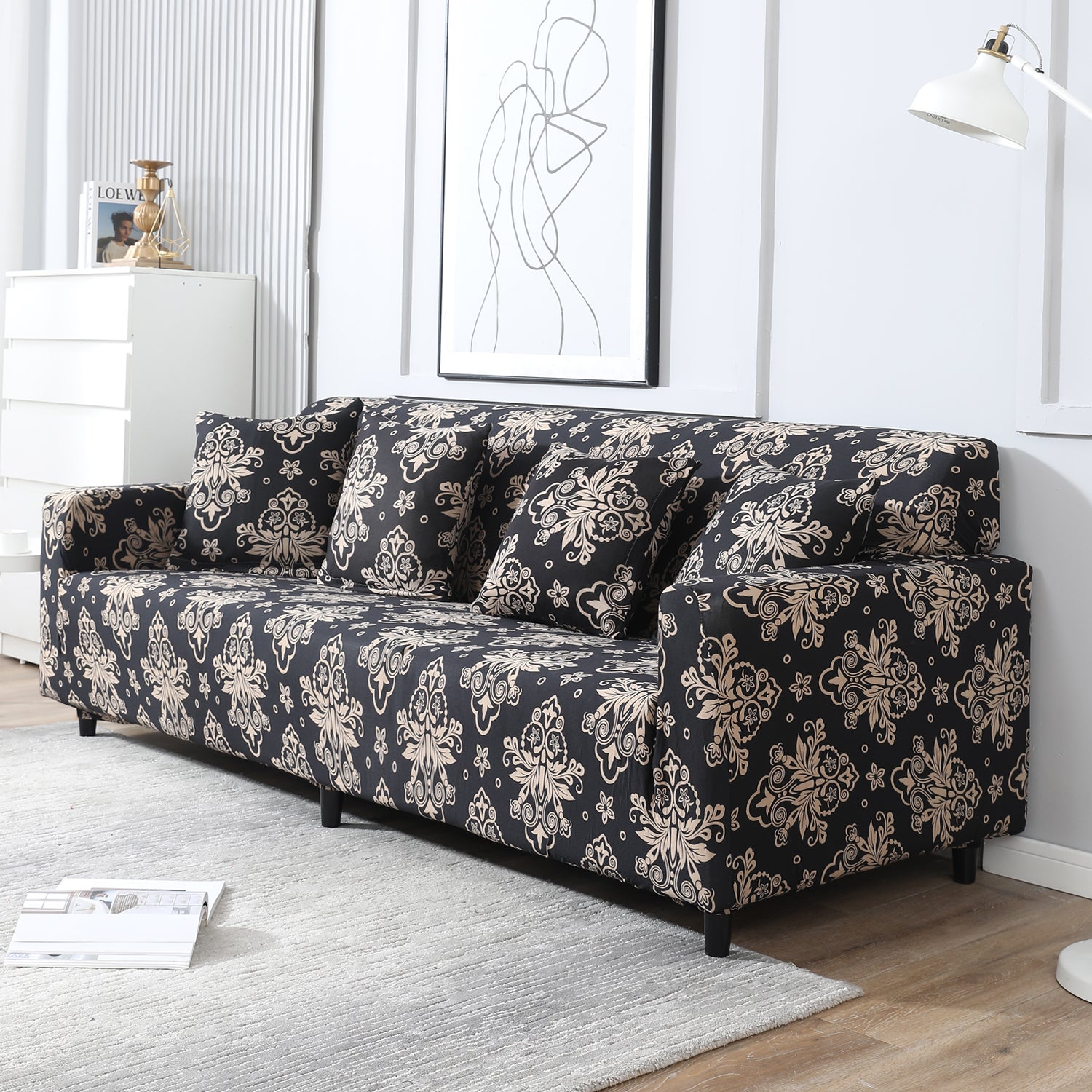 Black Damask Printed, non slip, elastic 4 seater sofa cover​s