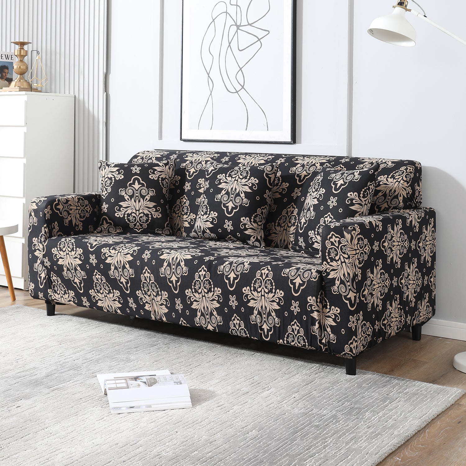 Black Damask Printed non slip elastic 3 seater sofa cover