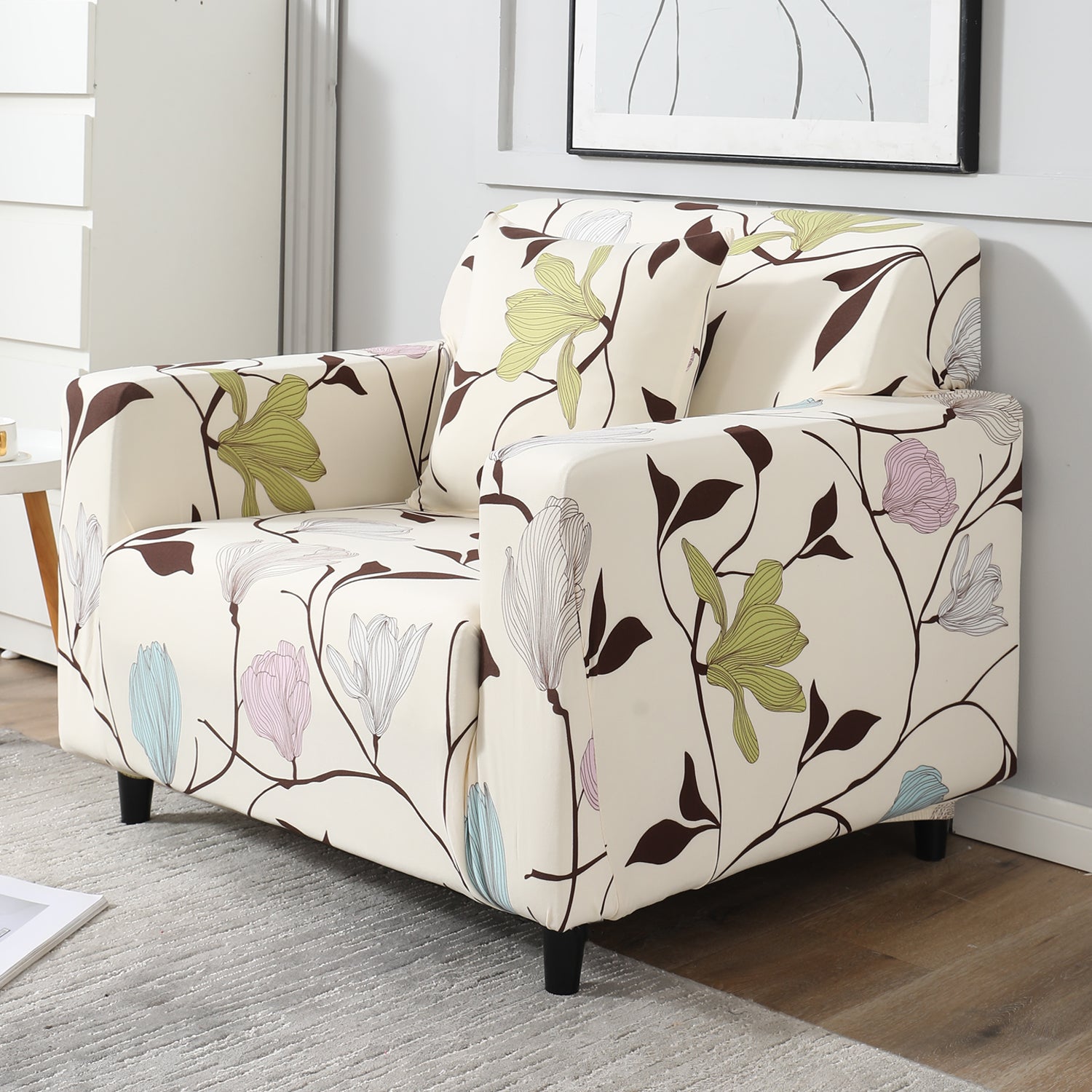 Beige Brown Leaves non slip elastic 1 seater sofa cover​