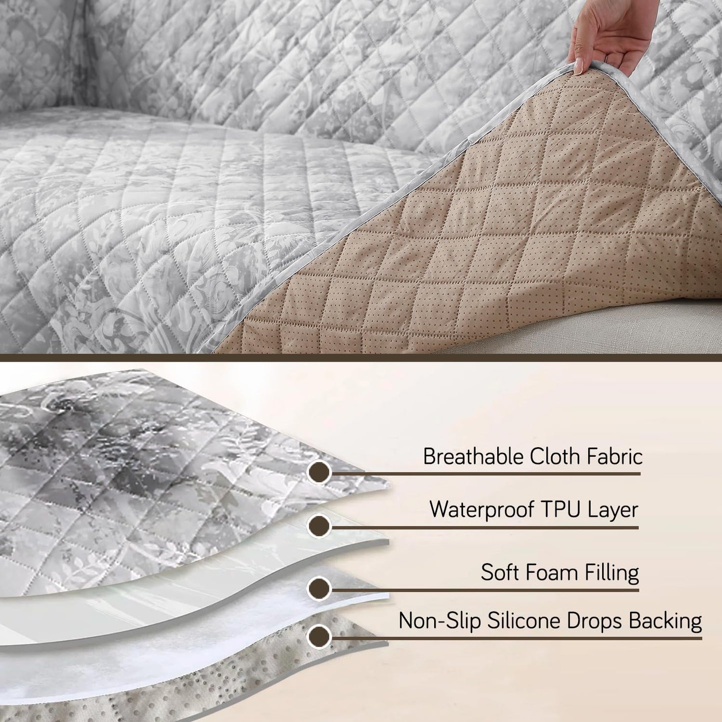 HOKIPO Quilted Waterproof Sofa Cover Mat with Pockets on Armrest Cover - Motifs Cloud Grey