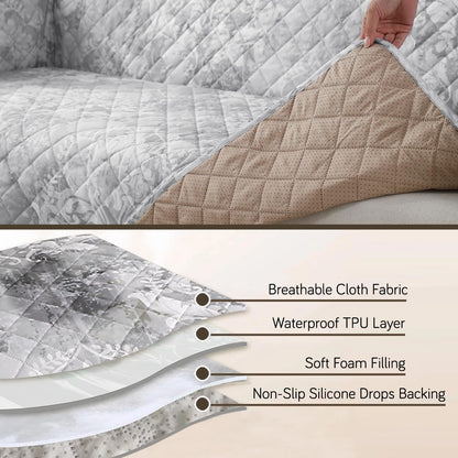 HOKIPO Quilted Waterproof Sofa Cover Mat with Pockets on Armrest Cover - Motifs Cloud Grey