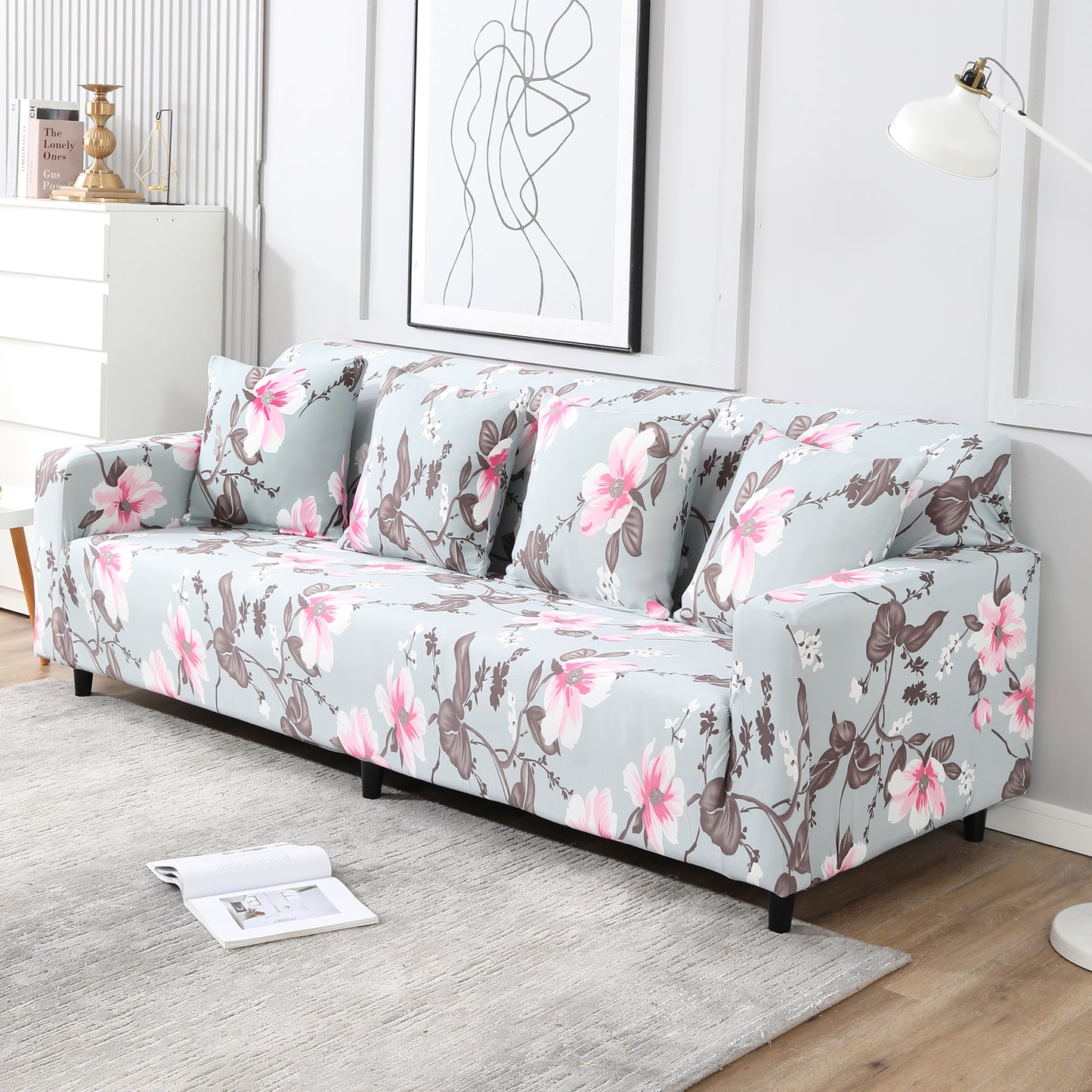 Bluish Grey  Printed, non slip, Stretchable 4 seater sofa cover​s