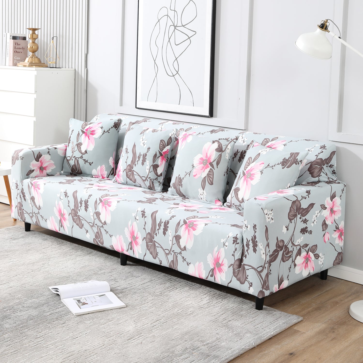 Bluish Grey  Printed, non slip, Stretchable 4 seater sofa cover​s