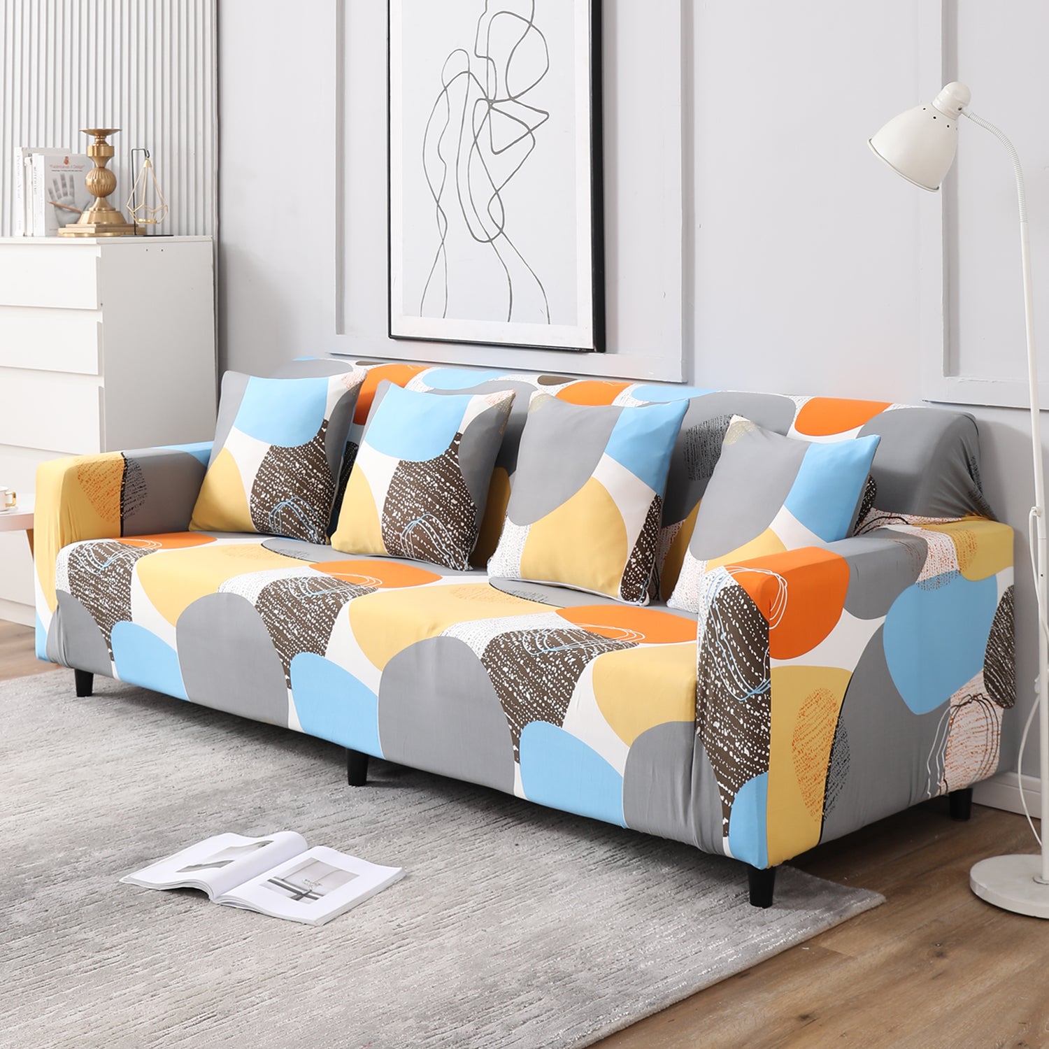 Multicolor Pebbles Print, non slip, elastic 4 seater sofa cover​s