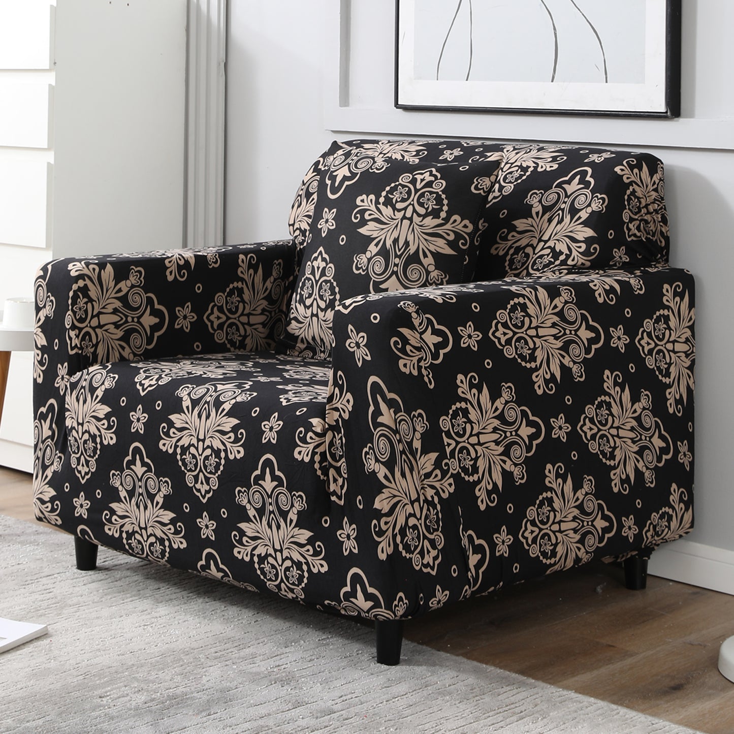 Black Damask Printed stretchable single sofa cover​