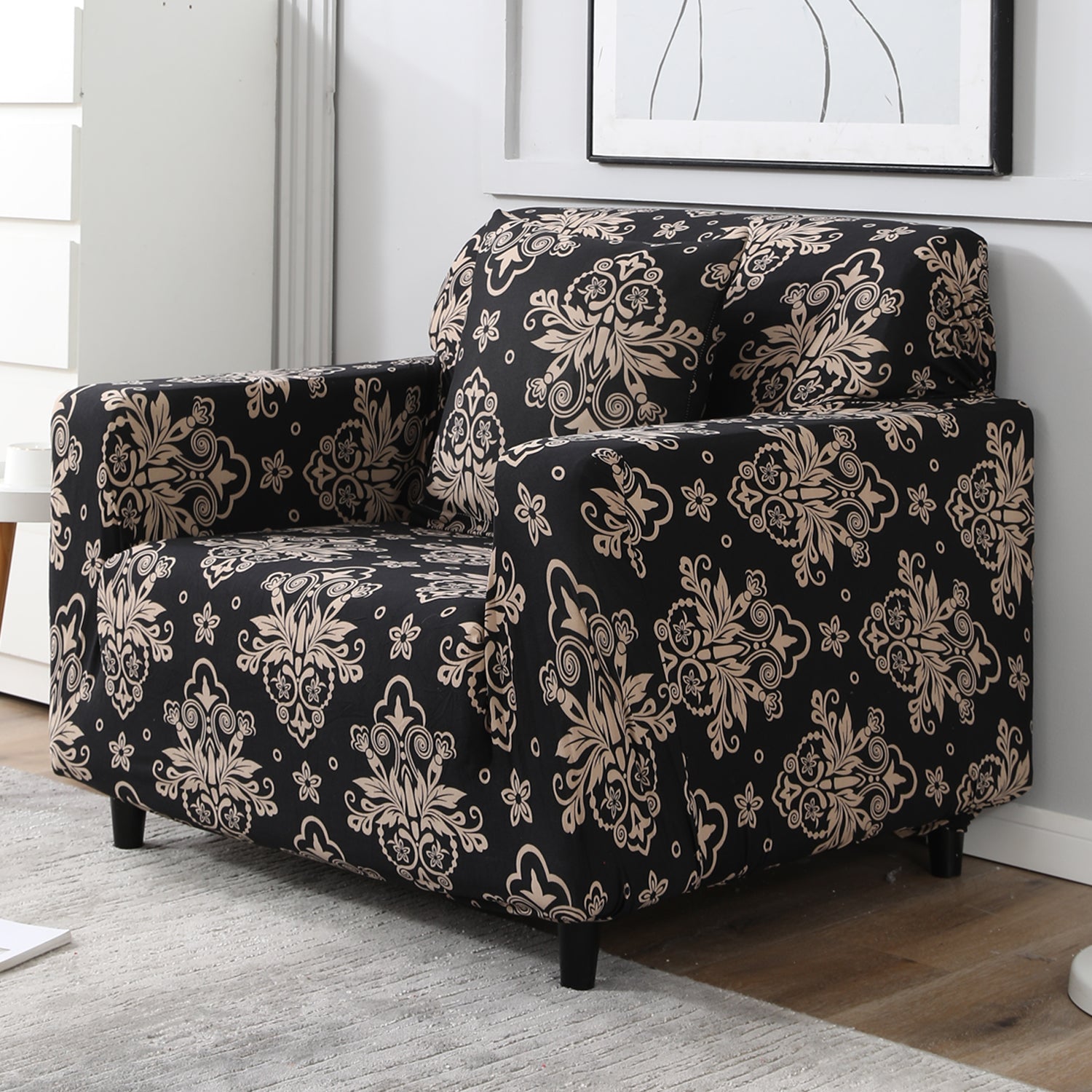 Black Damask Printed stretchable single sofa cover​