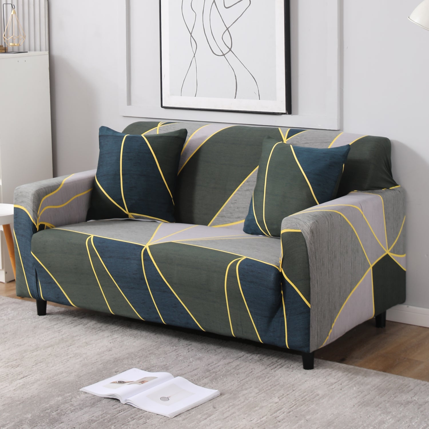 Seaweed Geometric Abstract Print non slip elastic 2 seater sofa cover
