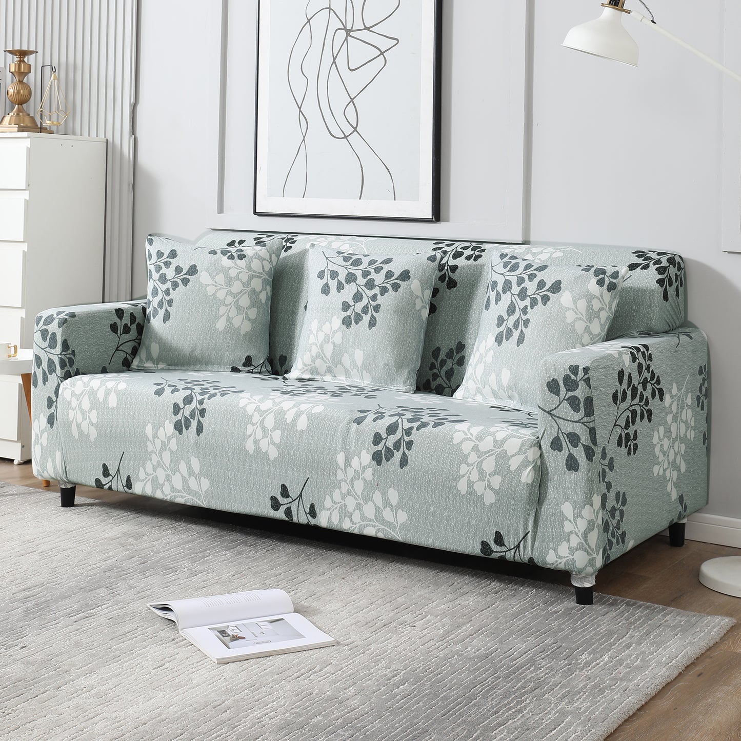 Grey Leaves Printed non slip elastic 3 seater sofa cover
