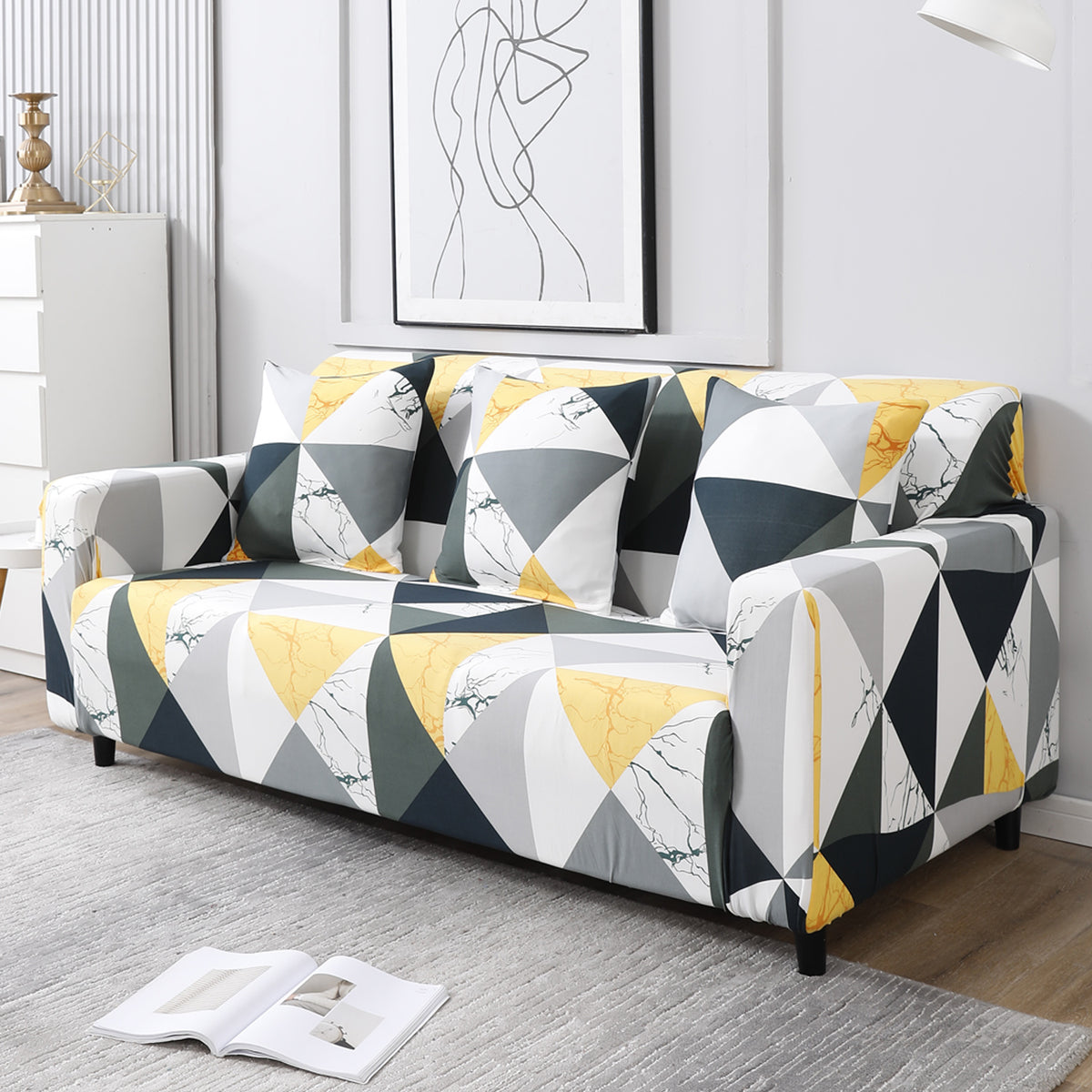 Geometric Multi non slip elastic 3 seater sofa cover