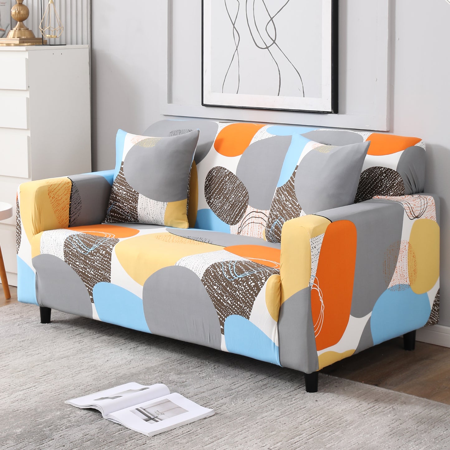 Multicolor Pebbles Print stretchable two seater sofa cover