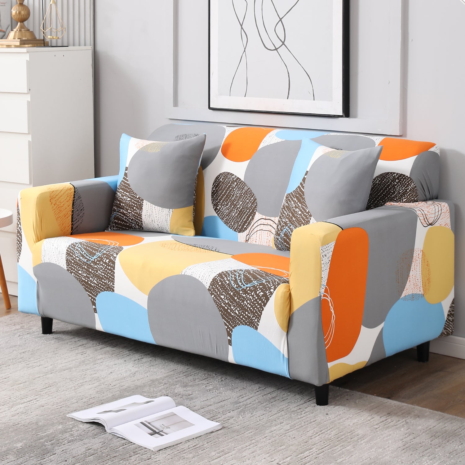 Multicolor Pebbles Print stretchable two seater sofa cover