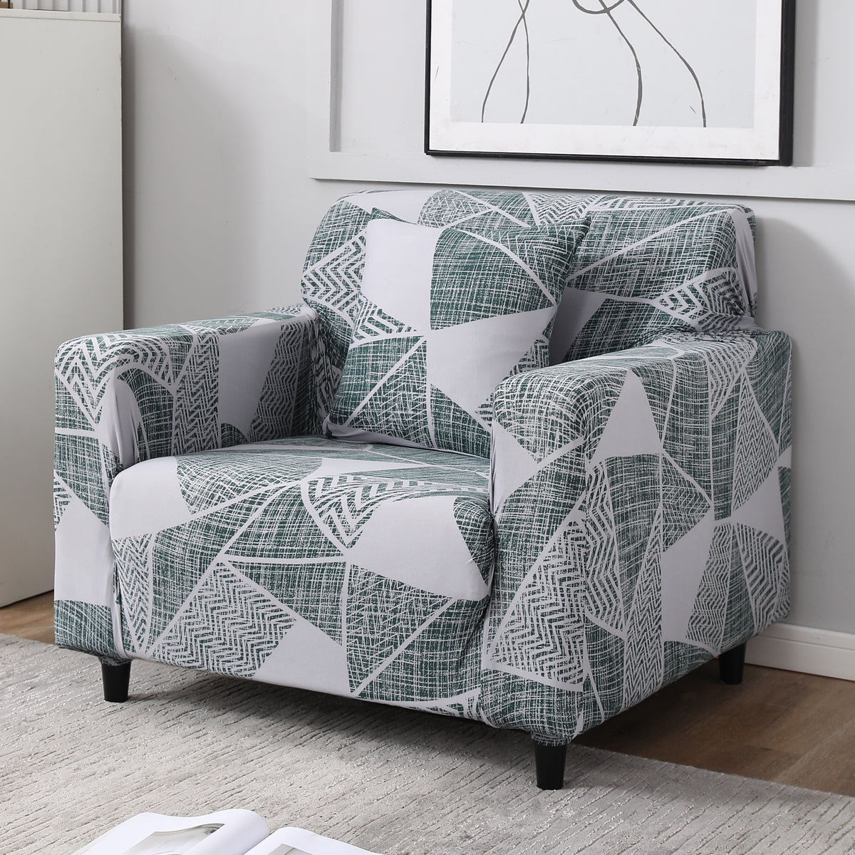 Grey Geometric Abstract Print non slip elastic 1 seater sofa cover​ 
