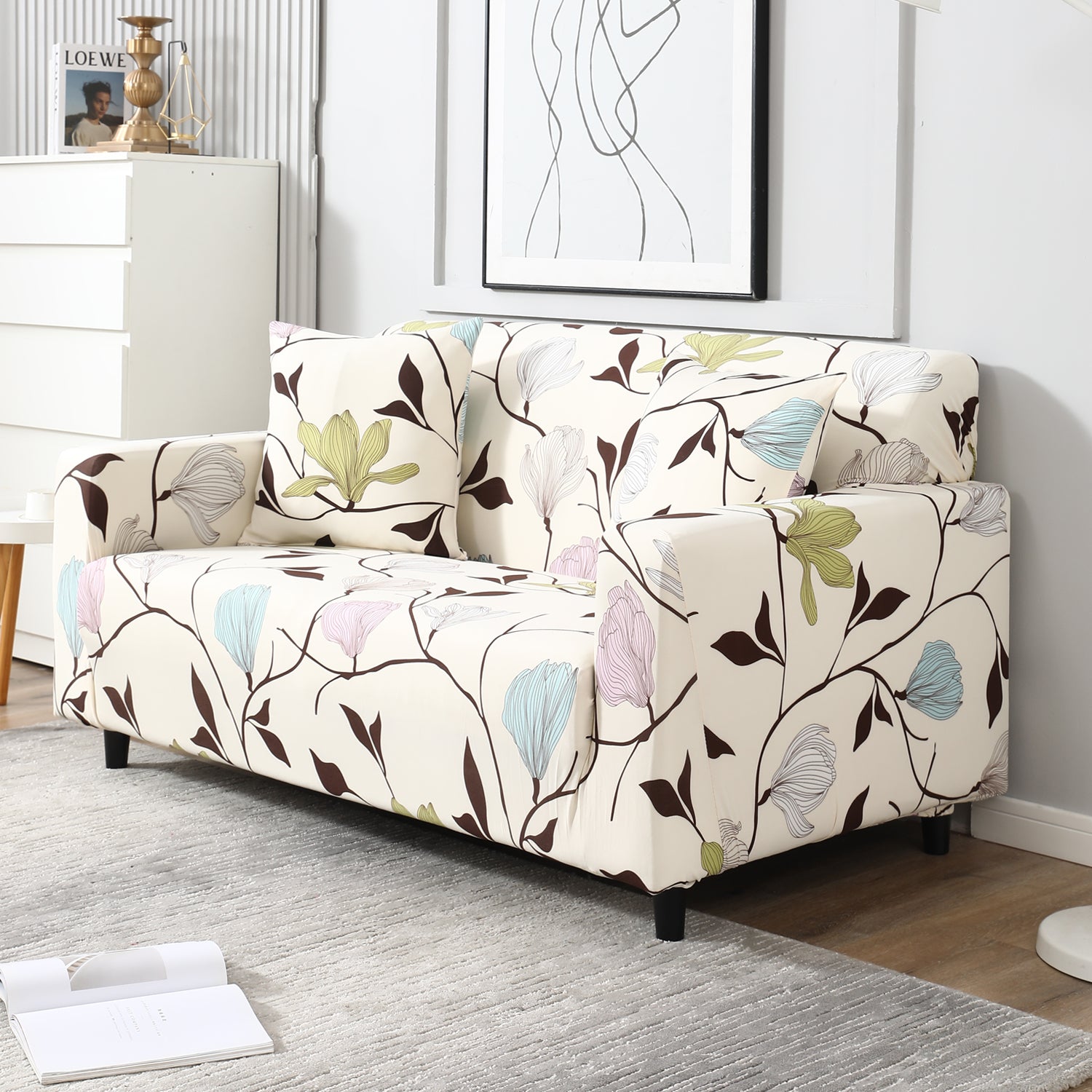 Beige Brown Leaves stretchable two seater sofa cover