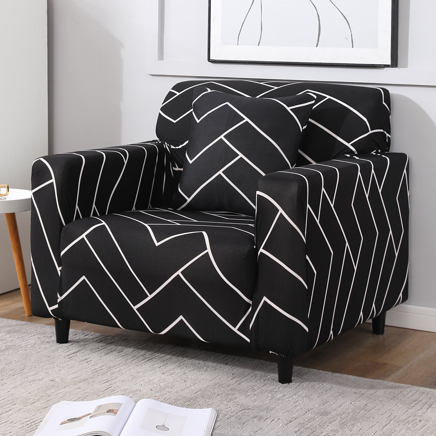 Black Chevron Print non slip elastic 1 seater sofa cover​
