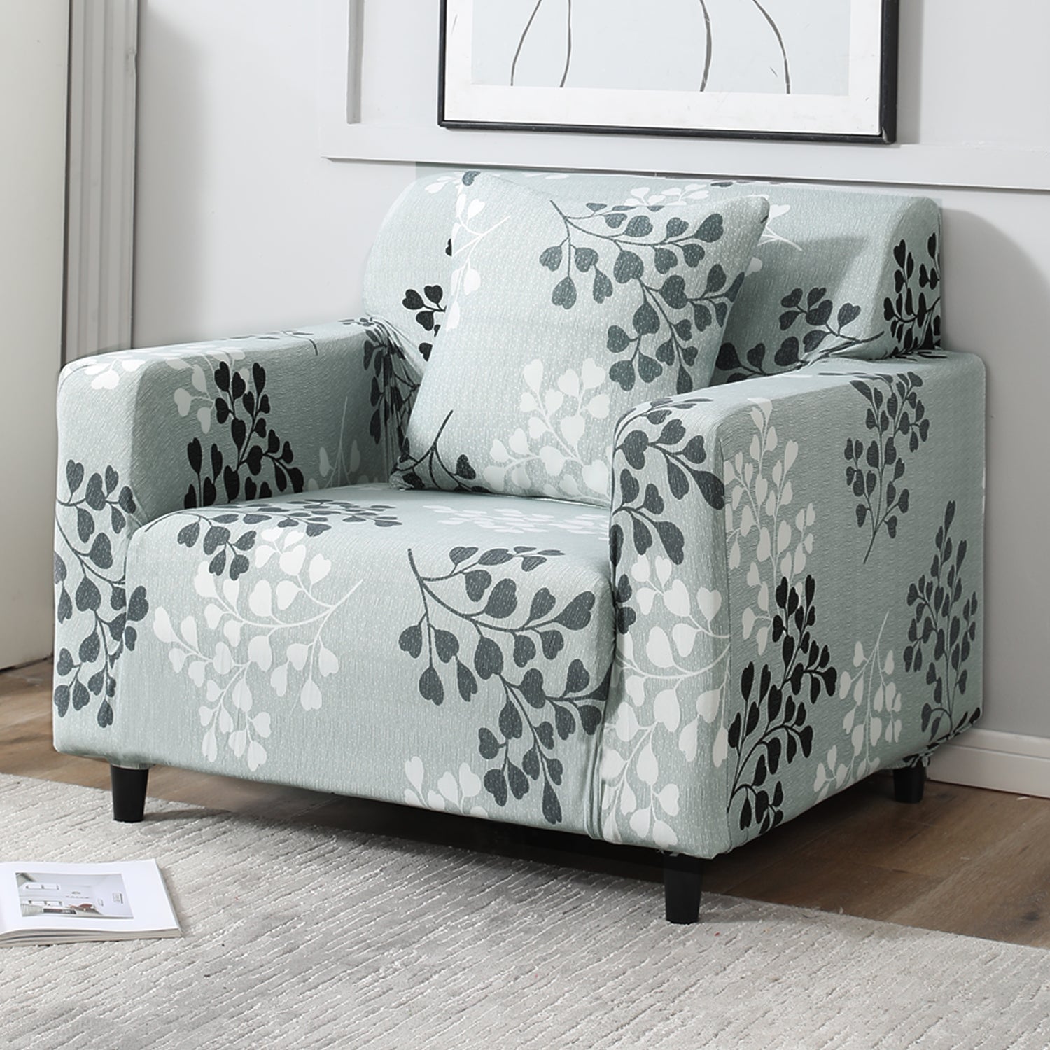 Grey Leaves Printed non slip elastic 1 seater sofa cover​ & cushion cover