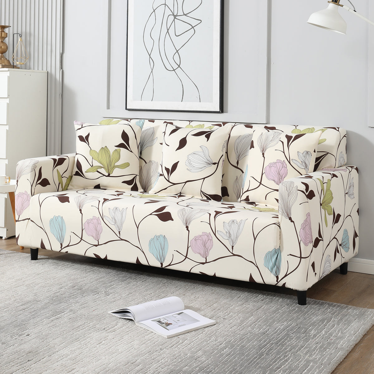 Beige Brown Leaves non slip elastic 3 seater sofa cover​s