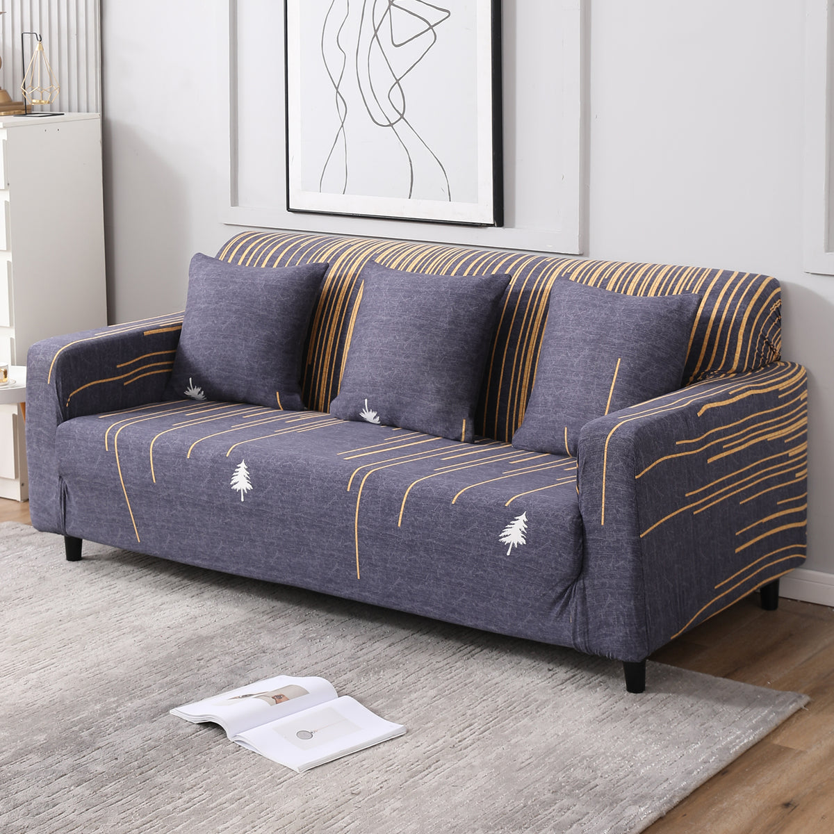 Midnight Blue Lines modern elastic 3 seater sofa cover​s

