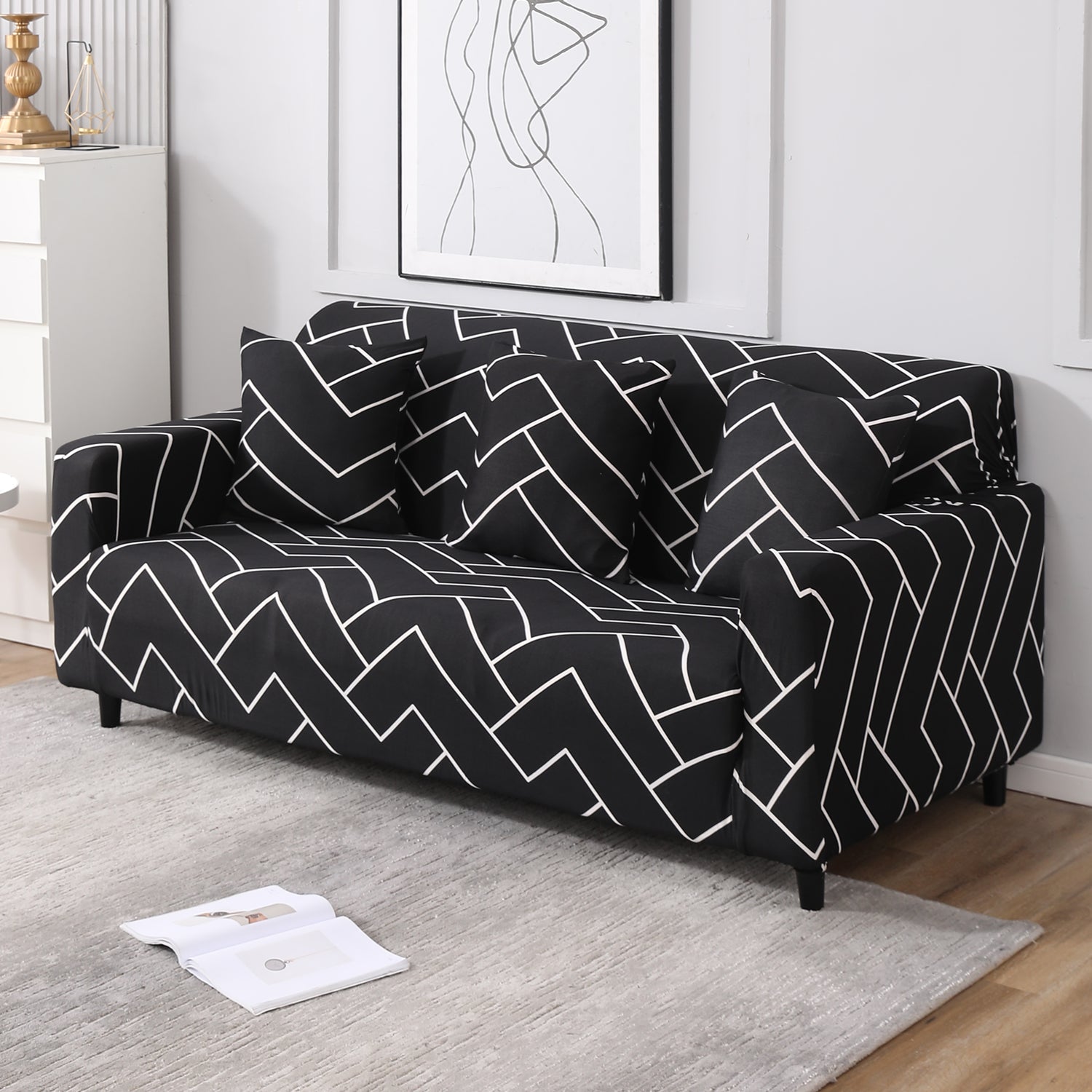 Black Chevron Print full fitted stretchable three seater sofa cover
