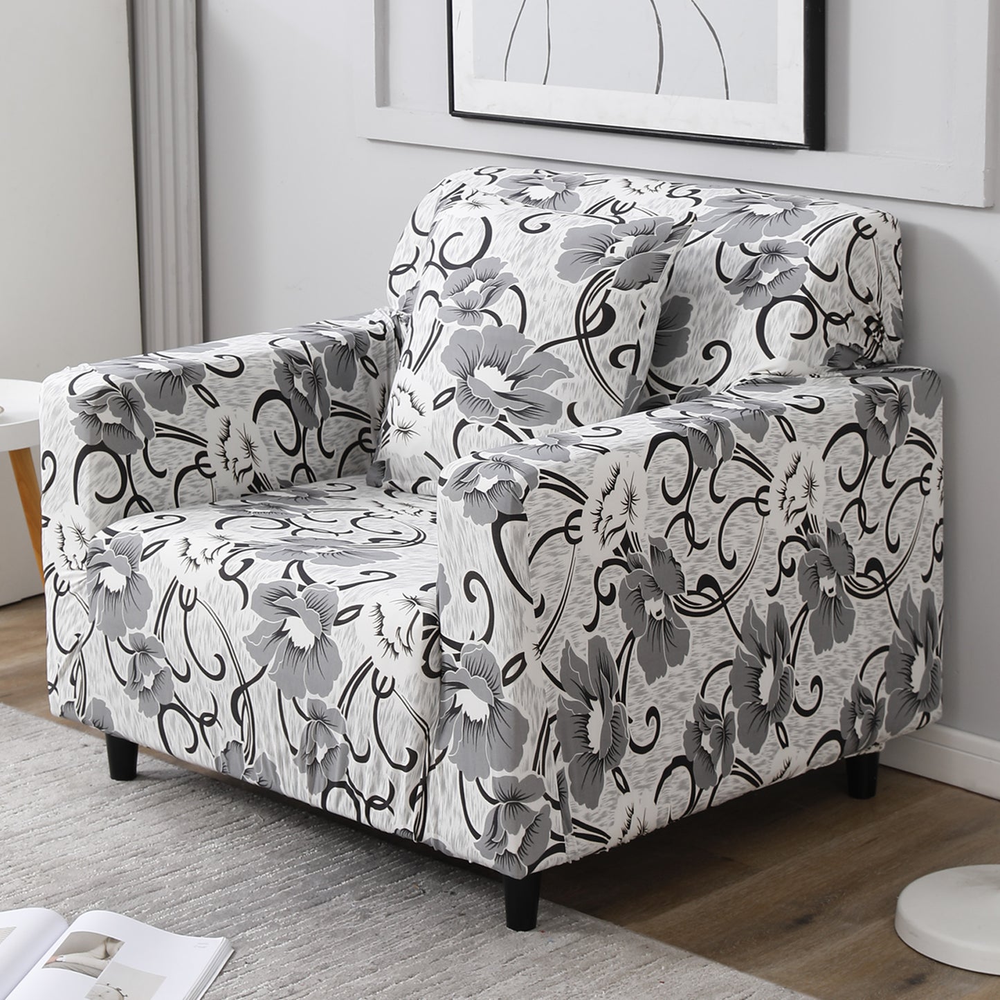 White Grey Flowers Printed non slip elastic 1 seater sofa cover​
