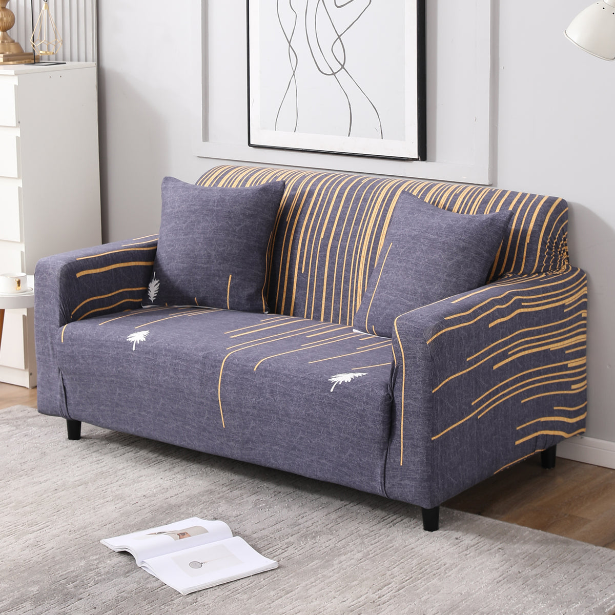 Midnight Blue Lines non slip elastic 2 seater sofa cover