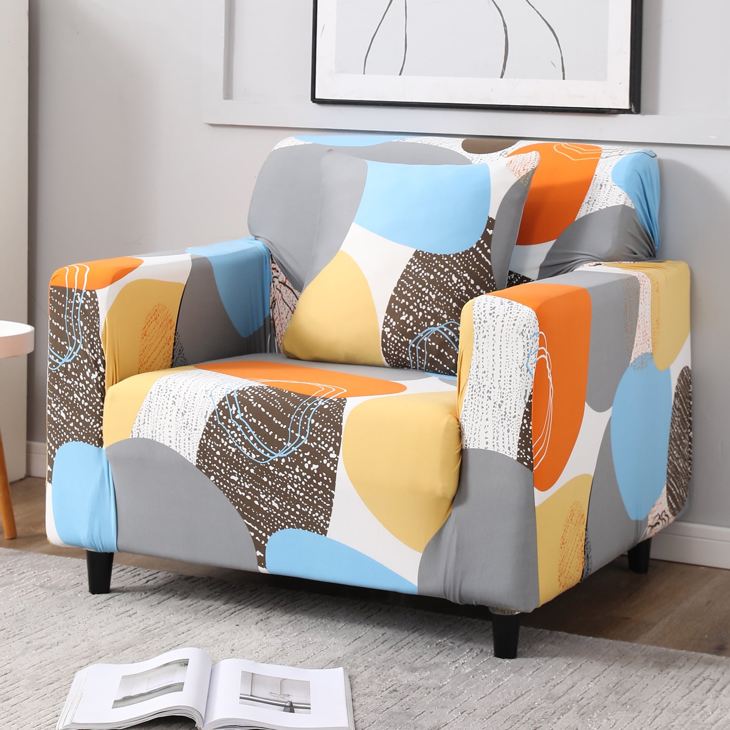 Multicolor Pebbles Print non slip elastic 1 seater sofa cover​