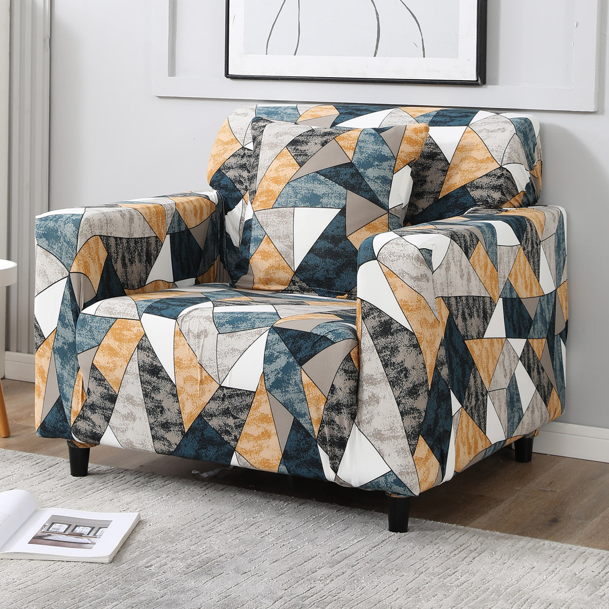 Multicolor Geometric Print non slip elastic 1 seater sofa cover​

