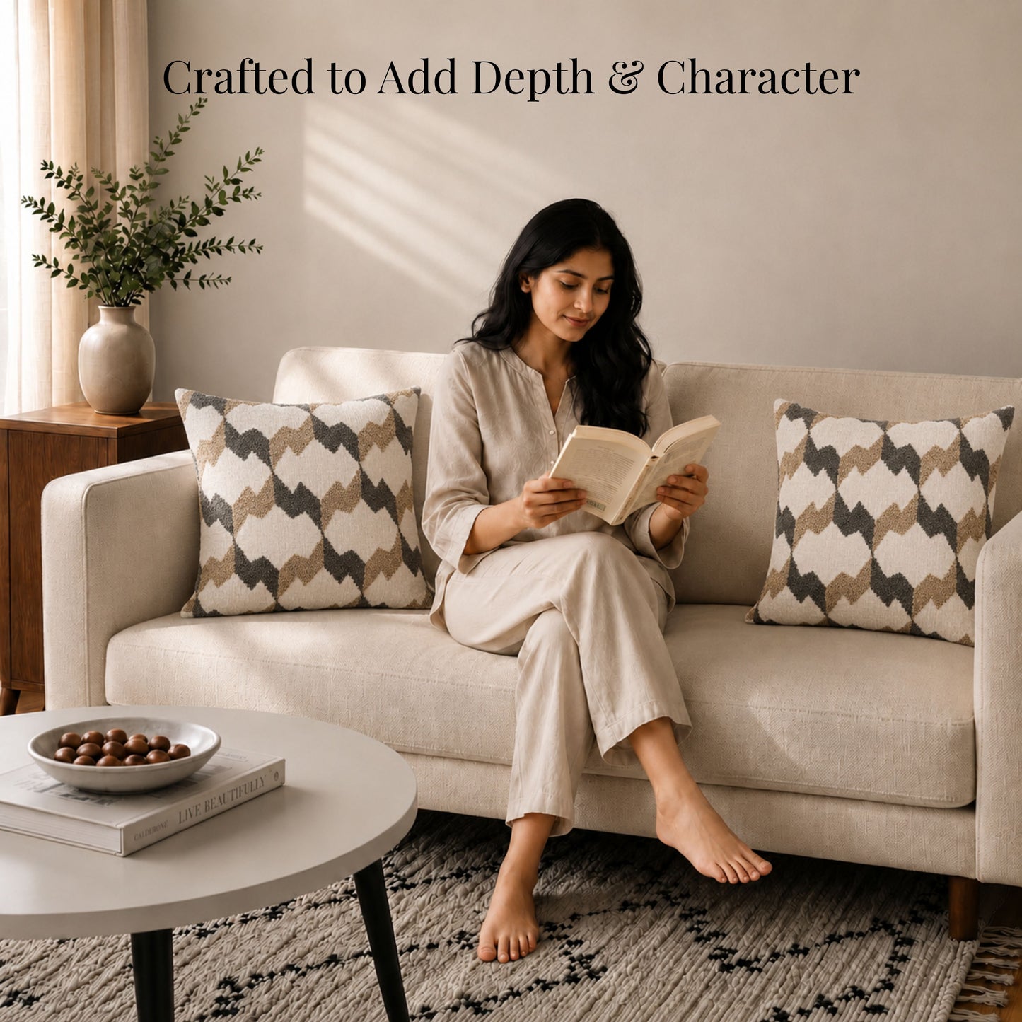 HOKIPO Embroidered Cushion Cover 16x16 Inch for Sofa, Beige & Charcoal