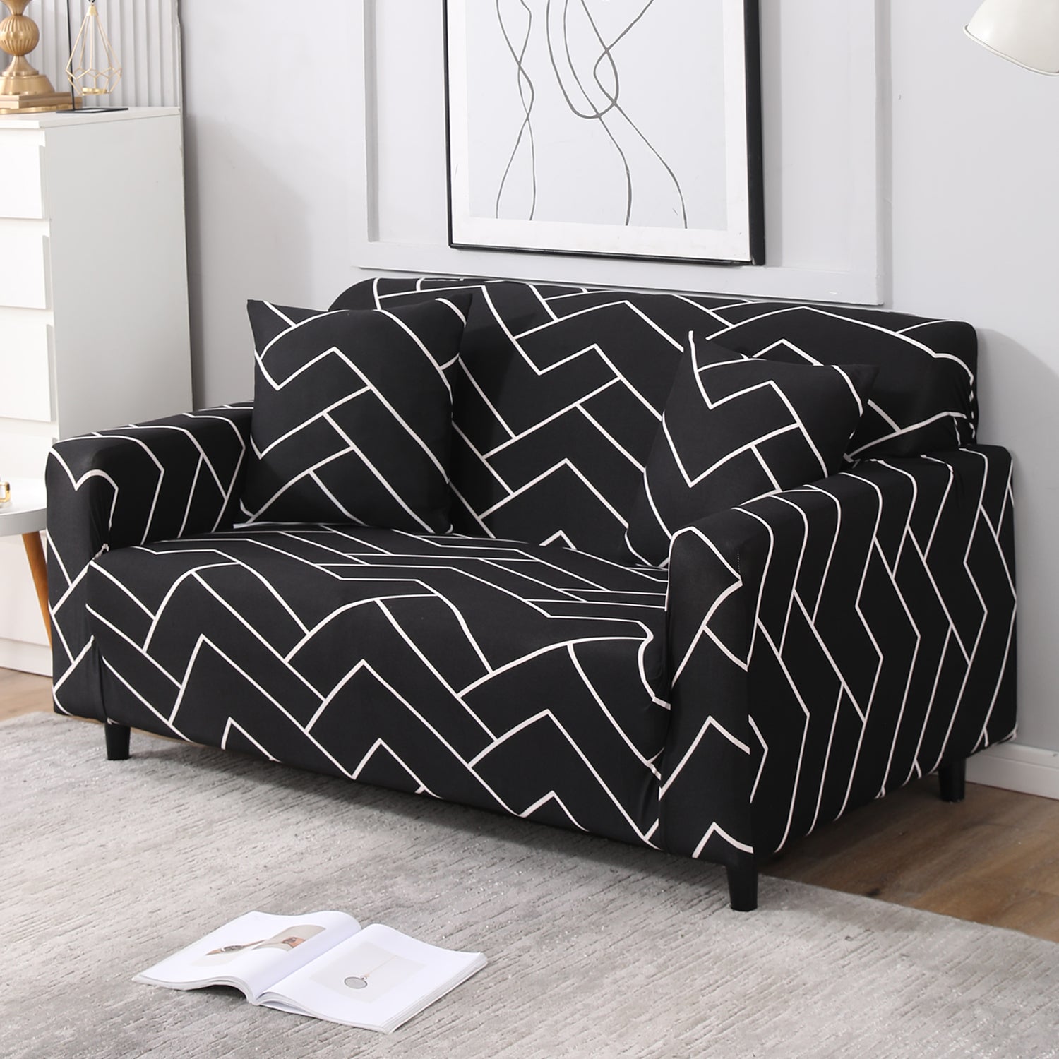 Black Chevron Print stretchable two seater sofa cover
