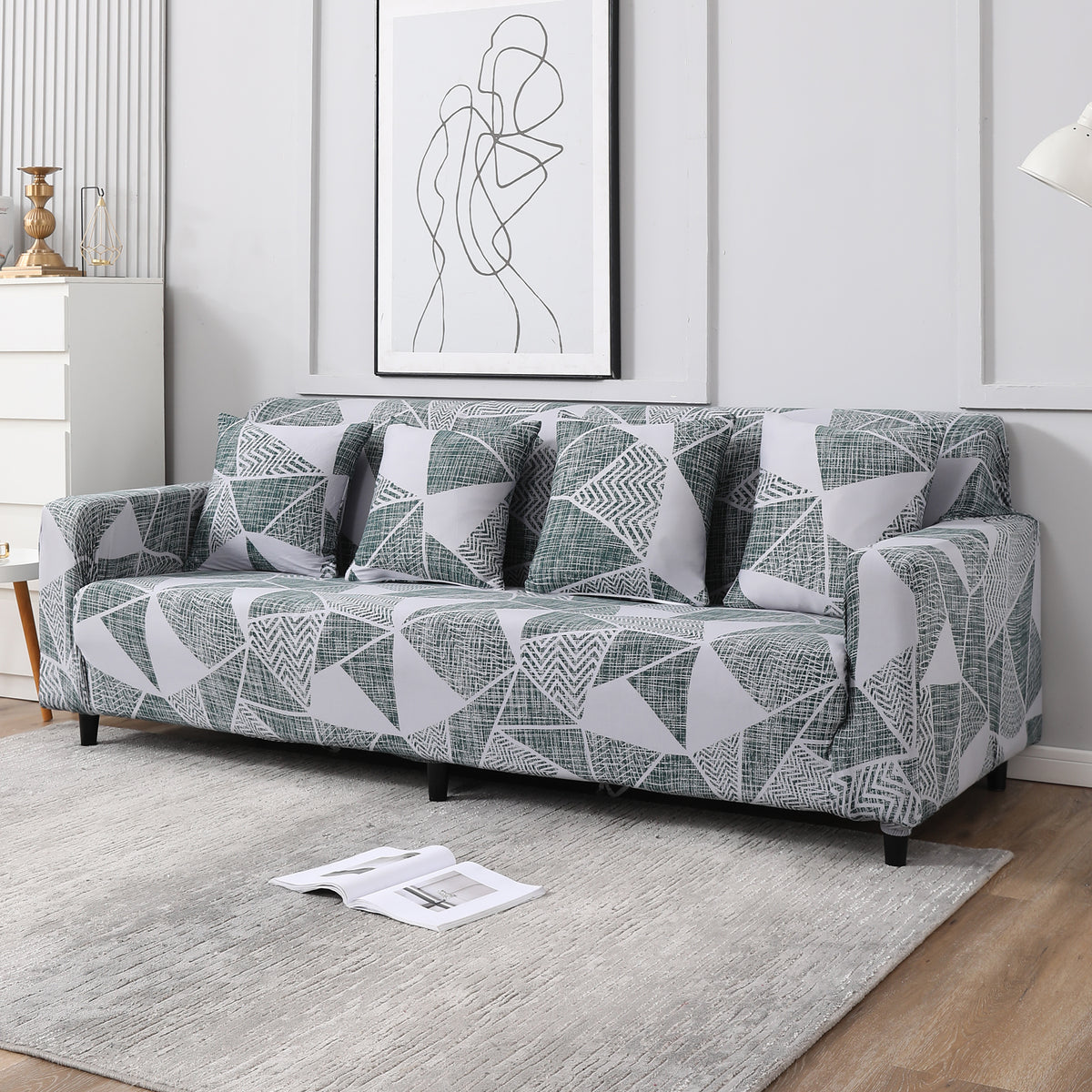 Grey Geometric Abstract Print, non slip, elastic 4 seater sofa cover​s
