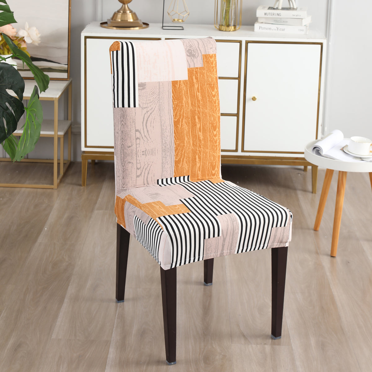 Elastic Stretchable Dining Chair Cover, Ivory Linear lines