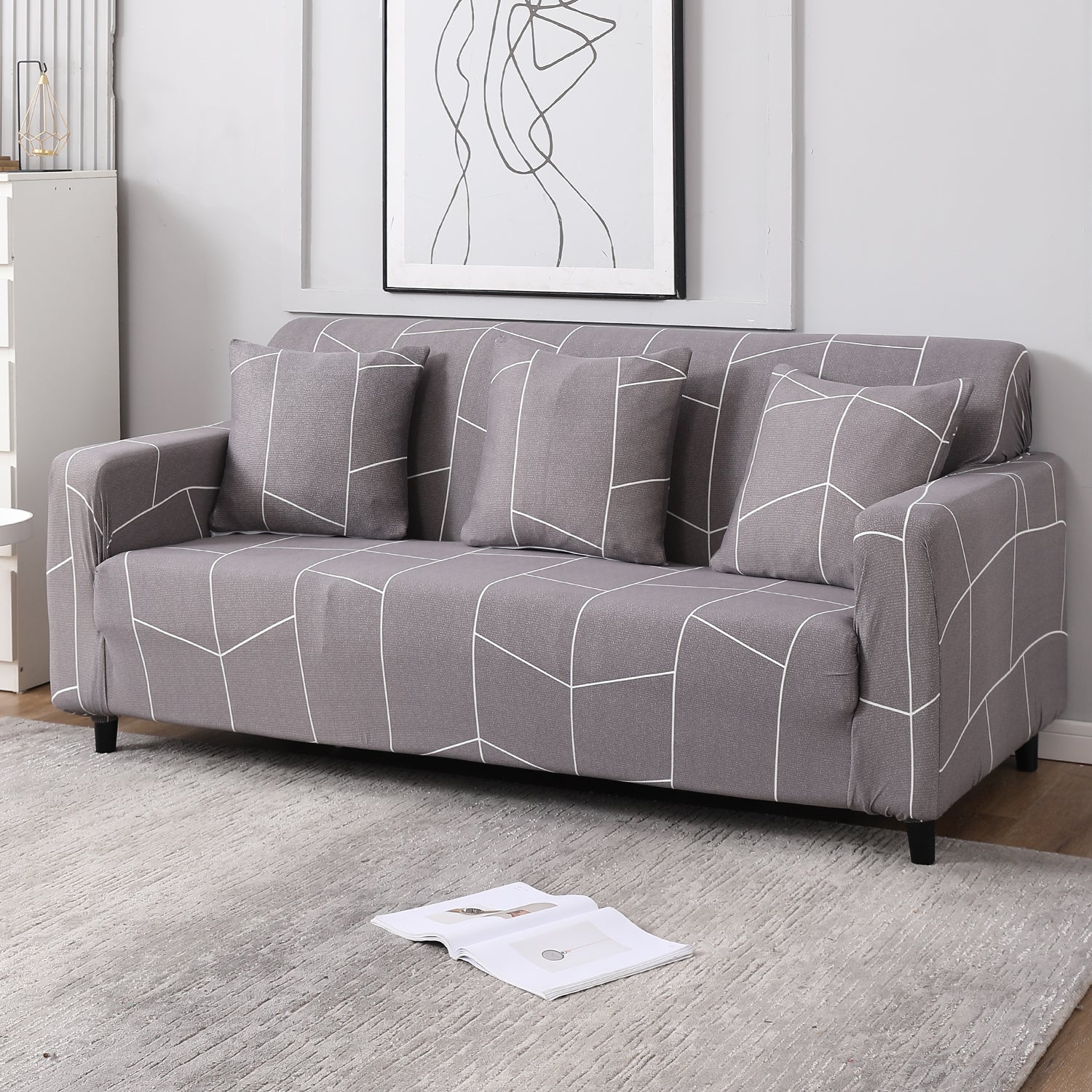Ash Grey Abstract non slip elastic 3 seater sofa cover