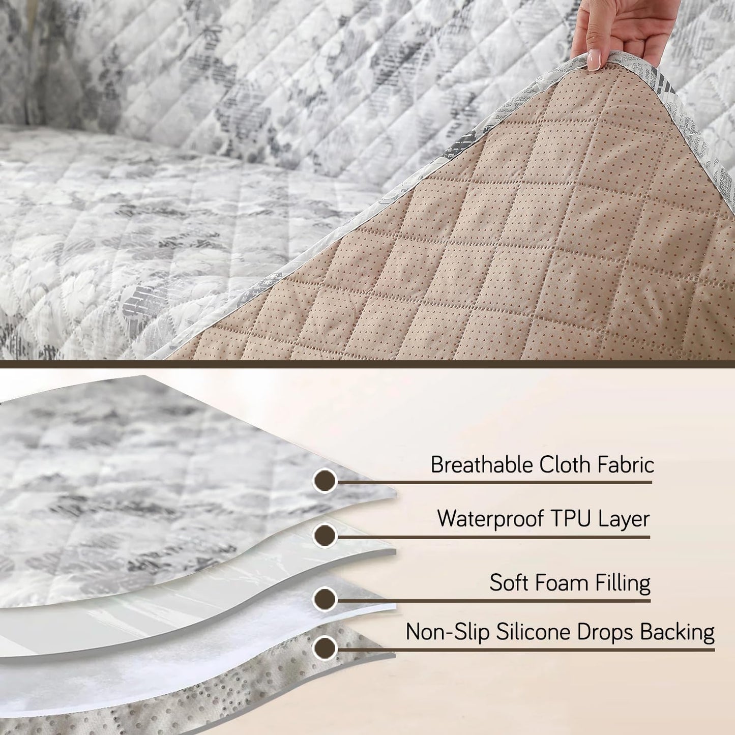 Quilted Waterproof Sofa Cover Mat with Pockets on Armrest Cover - Abstract Pale Grey