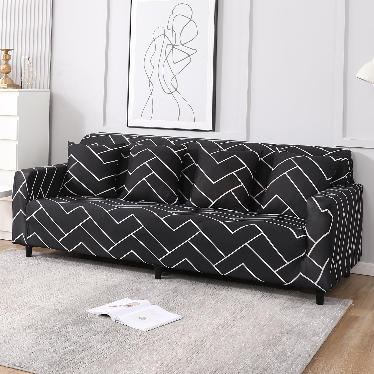 Black Chevron Print, non slip, Stretchable 4 seater sofa cover​s