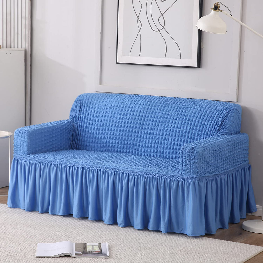 Sky Blue Elastic Turkish Bubble Frill 3 seater sofa cover​