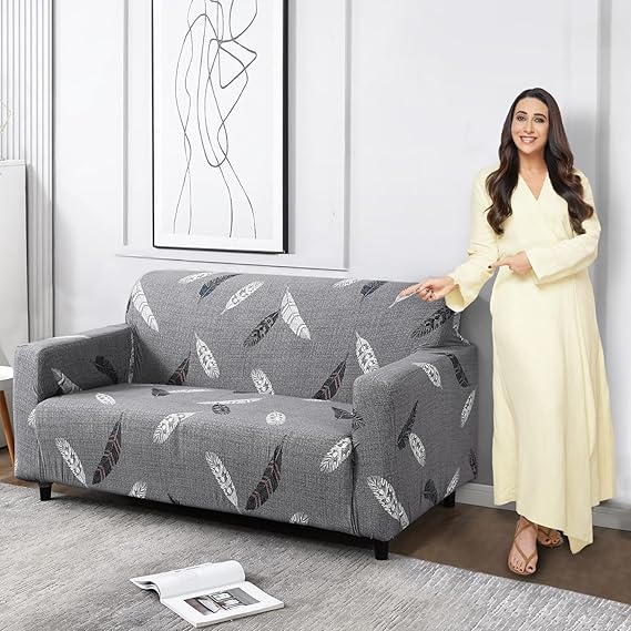 Grey colour feather print non slip elastic 2 seater sofa cover