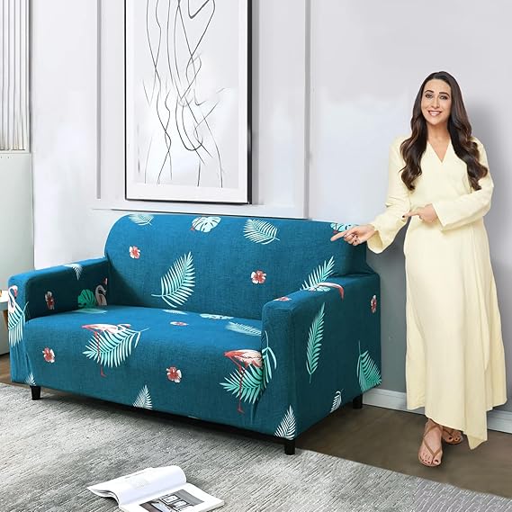 Teal colour feather print elastic 2 seater sofa cover
