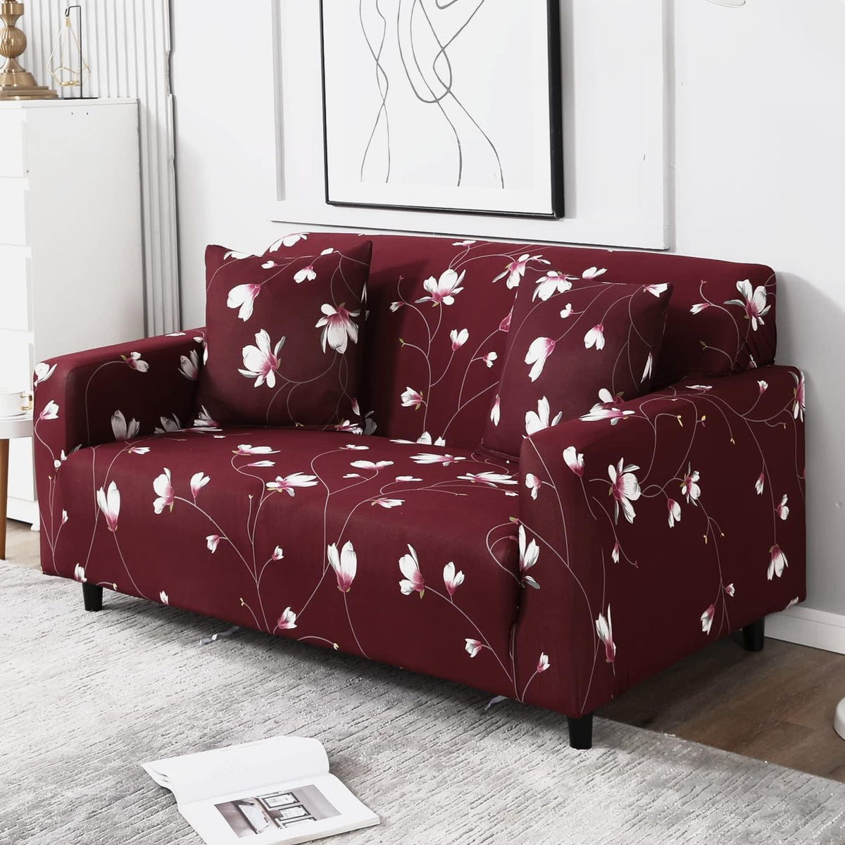 wine red floral print elastic two seater full sofa cover​