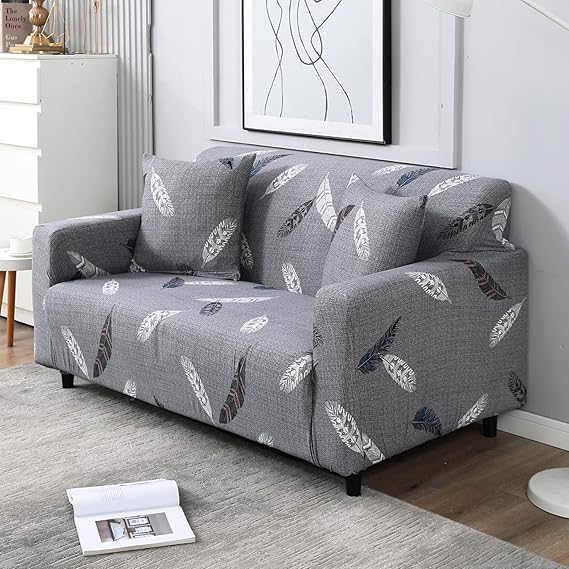 Grey colour feather print non slip stretchable two seater sofa cover​
