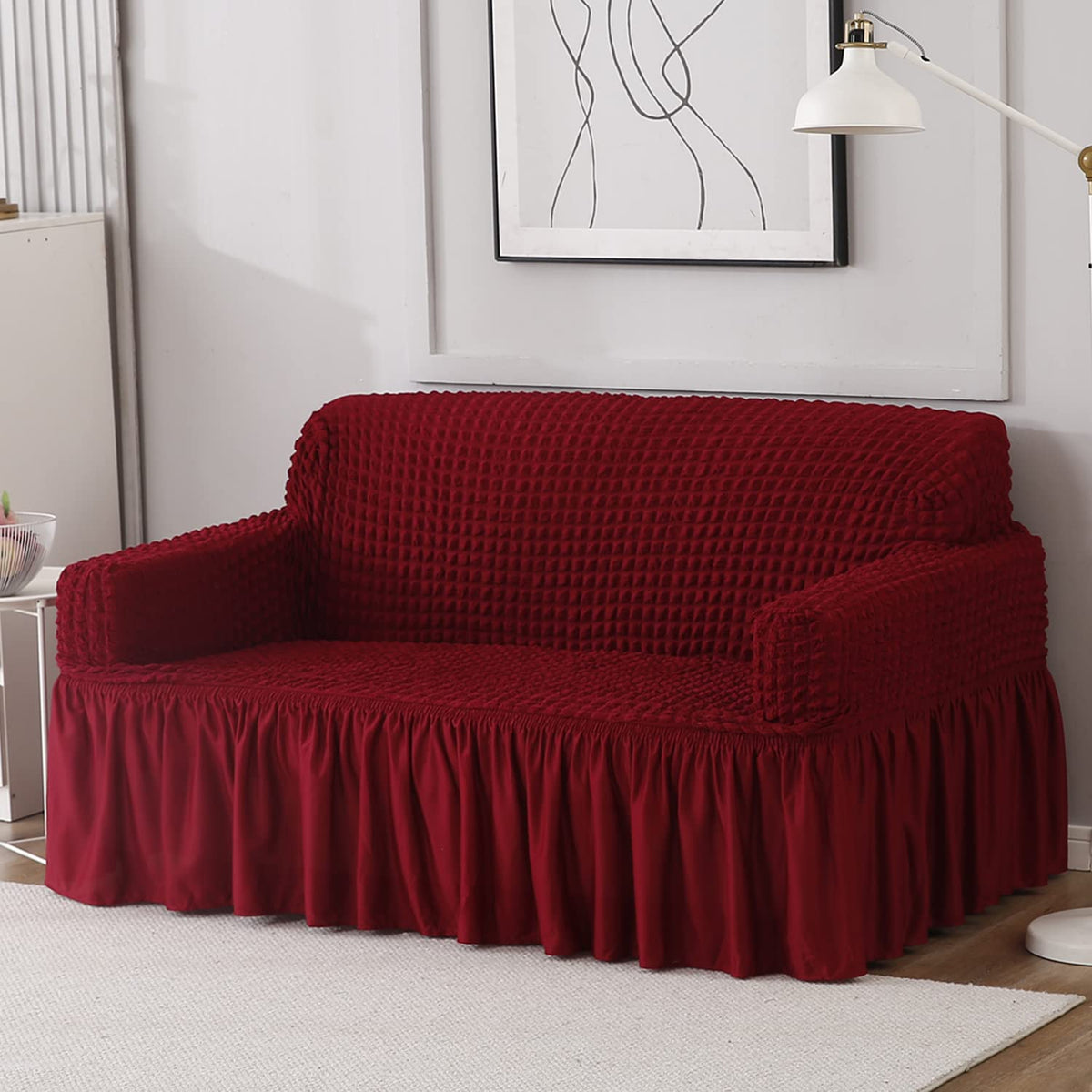 Cherry Red Elastic Turkish Bubble Frill two seater sofa cover