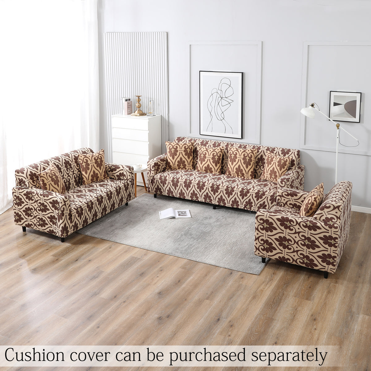 Beige Damask Printed elastic sofa cover 3 2 seater​ & stretchable sofa cover 3+1+1 seater