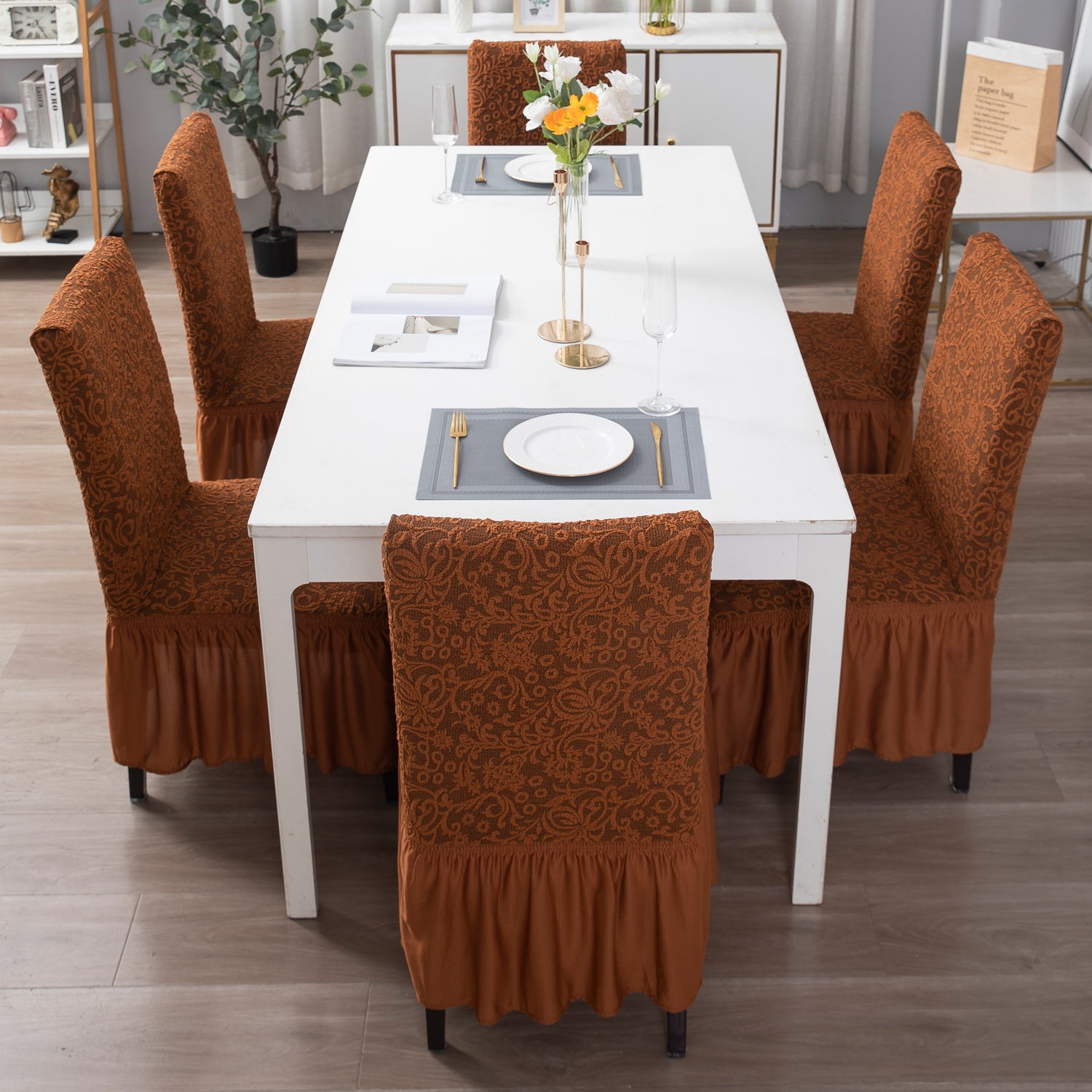 Elastic Stretchable Designer Woven Jacquard Dining Chair Cover with Frill, Caramel Brown