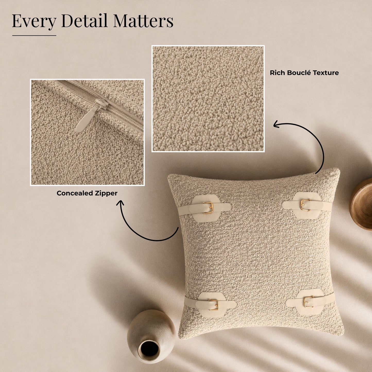 HOKIPO Boucle Cushion Cover 16x16 in for Sofa, Beige