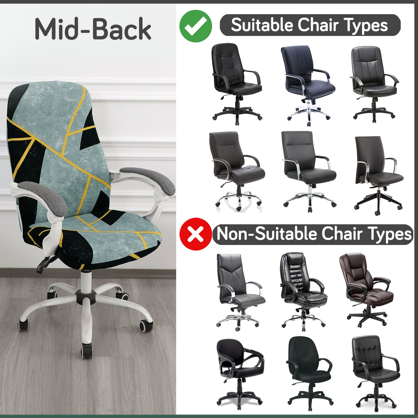 Printed Office Chair Cover for Desk Chair (Mid-Back) – 140 GSM Stretch Fabric – Washable & Anti-Slip – Fits Mid-Back Office Chairs, Multicolor Abstract Geometry - Medium