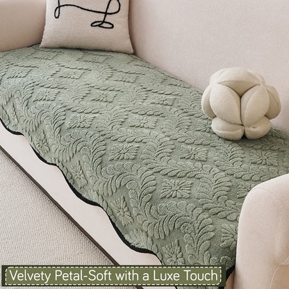 Embossed Floral Jacquard Anti-Slip Sofa Cover Mat, 'Wavy Petal Crest Series' Sage Green