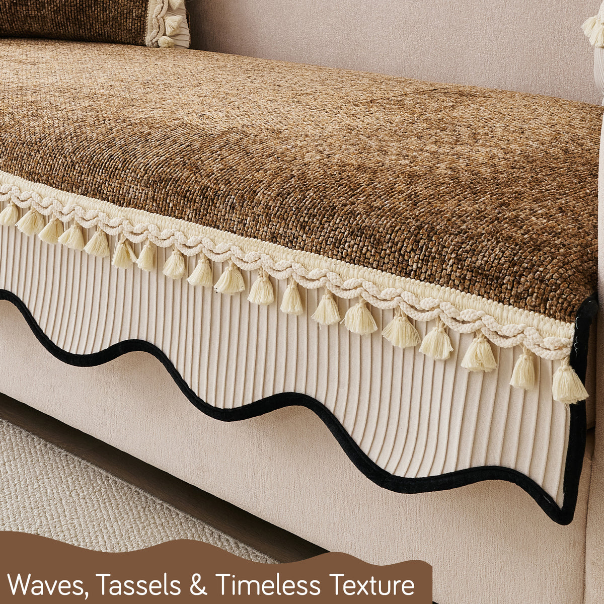 'Wavy Royale Series' Thick Woven Weave Chenille Sofa Cover with Tassel, Chestnut Brown